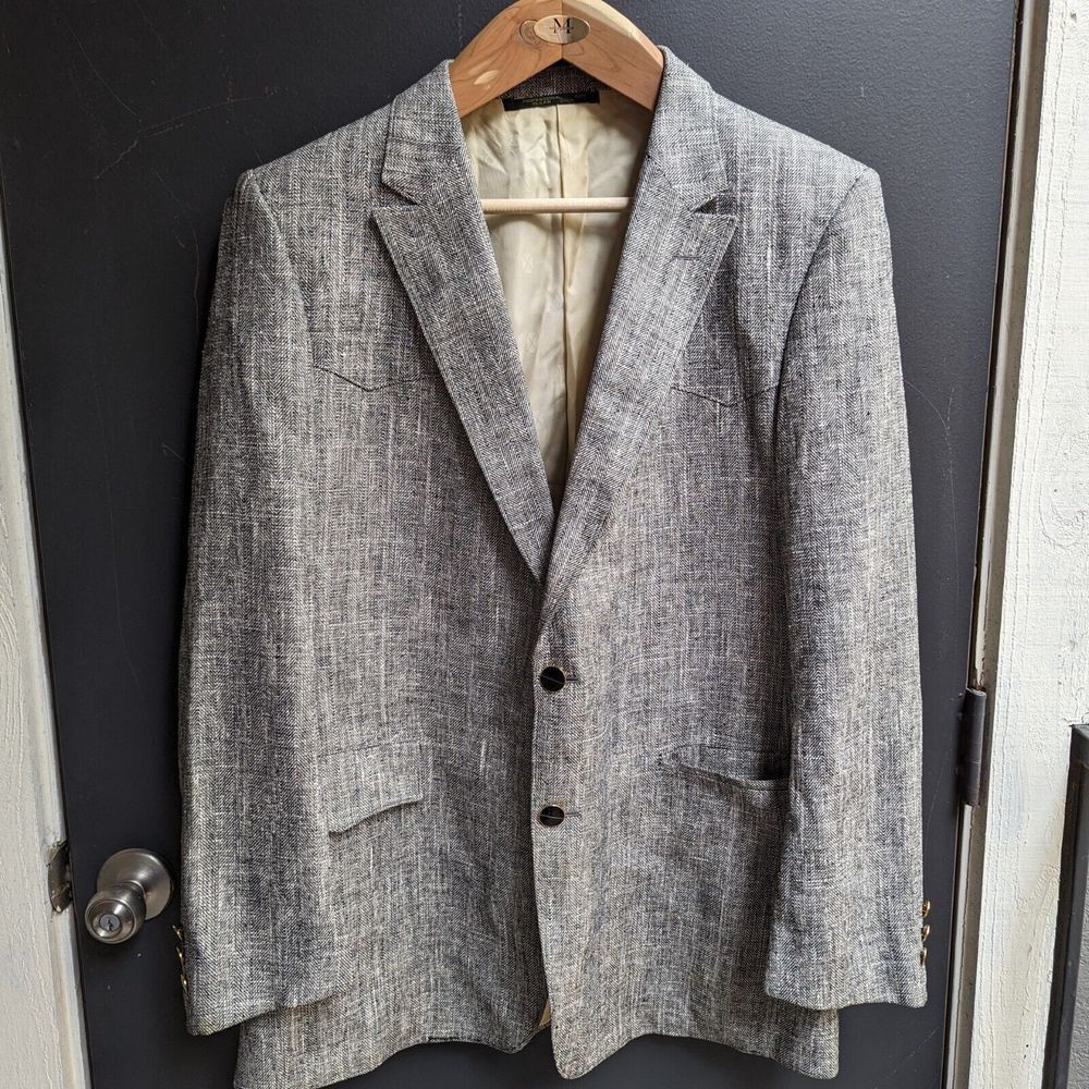 Vintage Marcial Mancillas Mens Blazer Sport Coat 44L Gray Herringbone Western